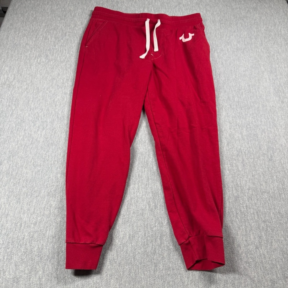True Religion Sweatpants Mens L Red Horseshoe Logo Fleece Elastic Cuff Jogger